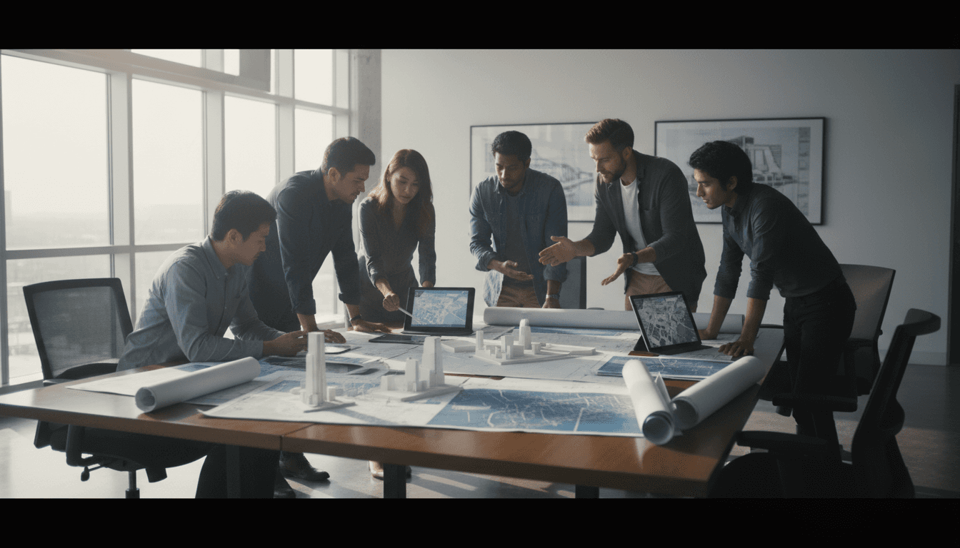 Diverse team collaborating over architectural plans and 3D models in modern conference room with natural lighting