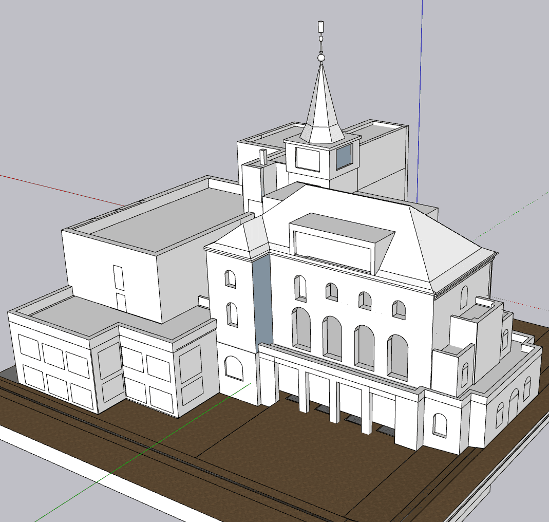 Detailliertes weißes 3D-Modell eines Gebäudes mit Turm, Rundbogenfenstern und Säulengang in einer digitalen Konstruktionsumgebung.