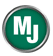 Grünes kreisförmiges Logo mit weißen Buchstaben MJ in einem glänzenden silbernen metallischen Rahmen.